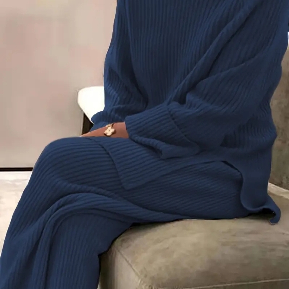 Blue Ribbed Knit Pant Set